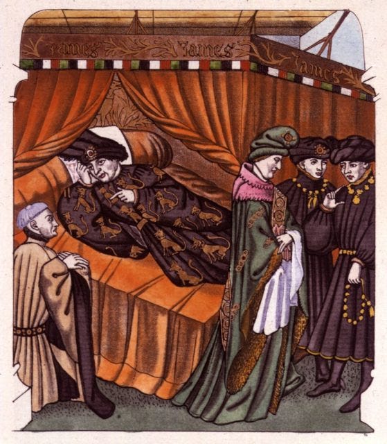 King Charles VI of France lying in bed surrounded by advisors