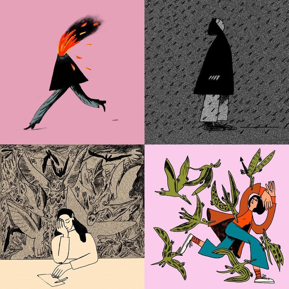 Clockwise from top left: a figure with a volcano for a torso and head runs towards the left with lava trailing behind them; in black and white, a person wearing a hooded raincoat stands in the rain looking up at the sky, eyes closed; a person in a long cardigan and flared jeans runs away from green pterodactyl-like creatures; in black and white, a person sits at a desk, head in hand, as the background is filled with owls and bats.