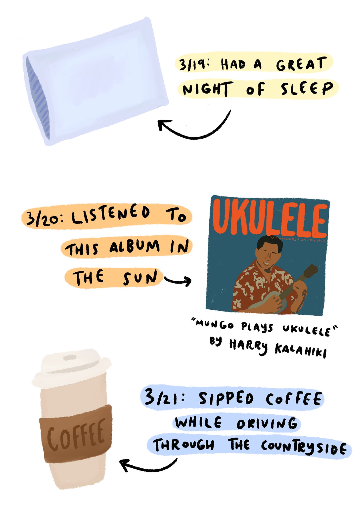 Illustration of pillow, an album, and a coffee cup
