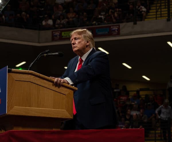 Former President Donald J. Trump during a speech in July at a rally in Anchorage, Alaska.