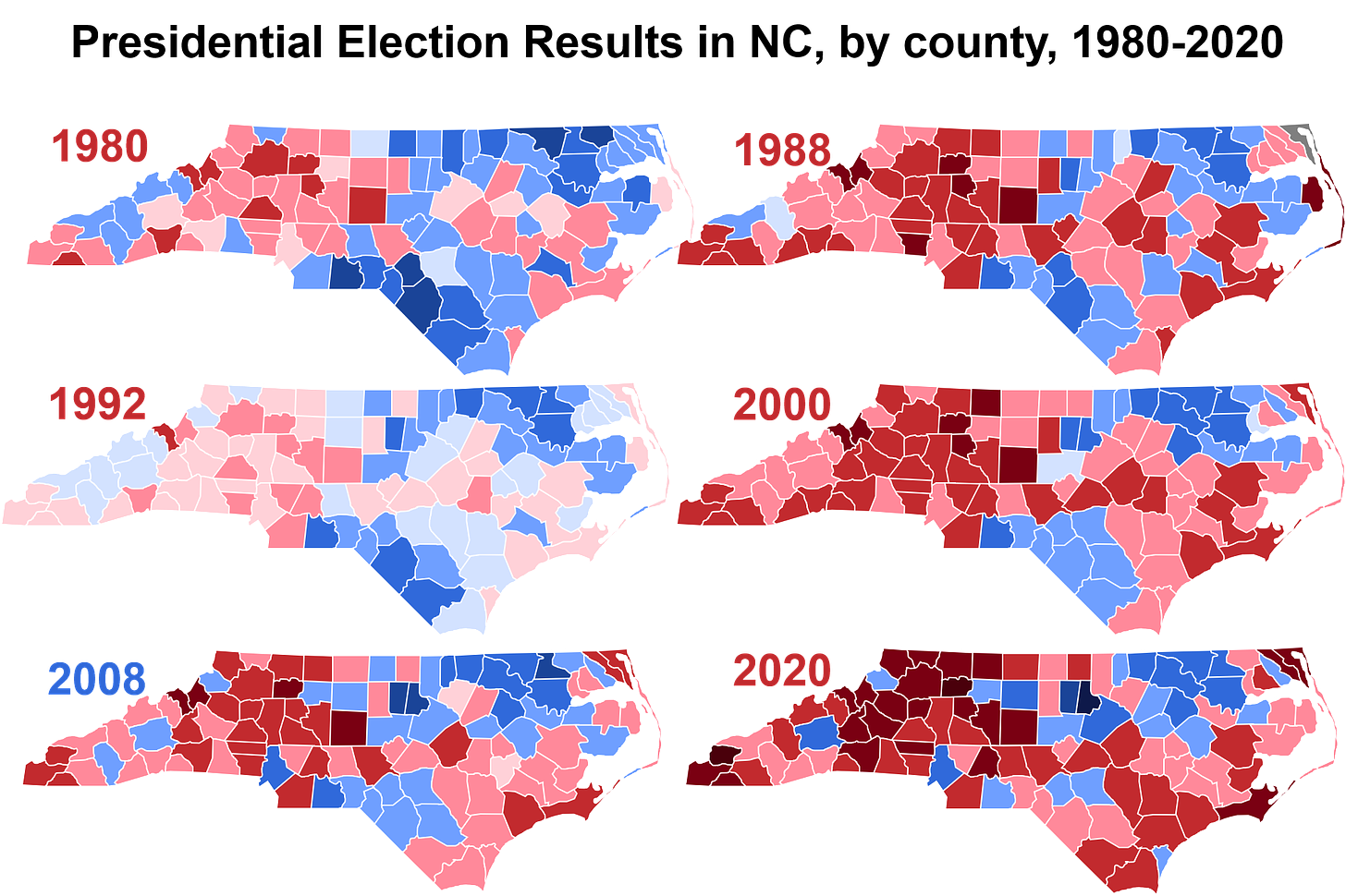 Presidential election results in North Carolina by county, 1980-2020
