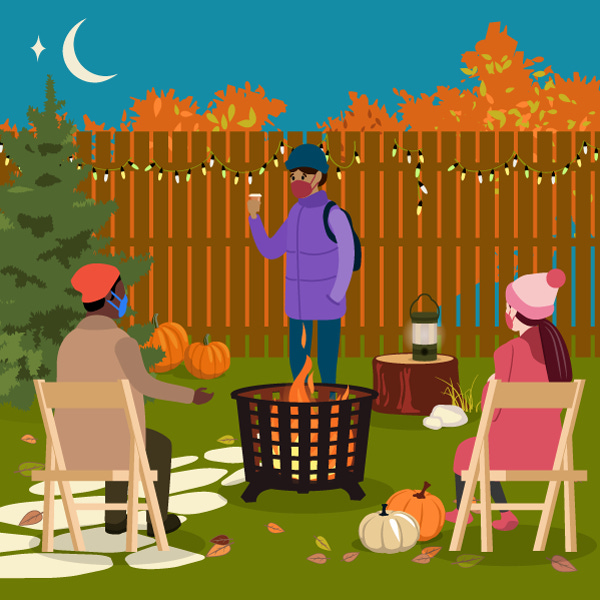 illustration of friends gathering outdoors wearing masks and six feet apart