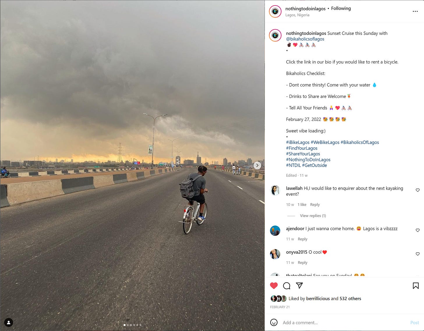 An Instagram post by Nothing To Do In Lagos calling bike riders for a sunset cruise
