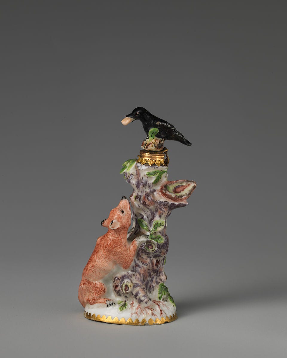 Fox and crow in a group, Chelsea Porcelain Manufactory (British, 1745–1784, Red Anchor Period, ca. 1753–58), Soft-paste porcelain, British, Chelsea 