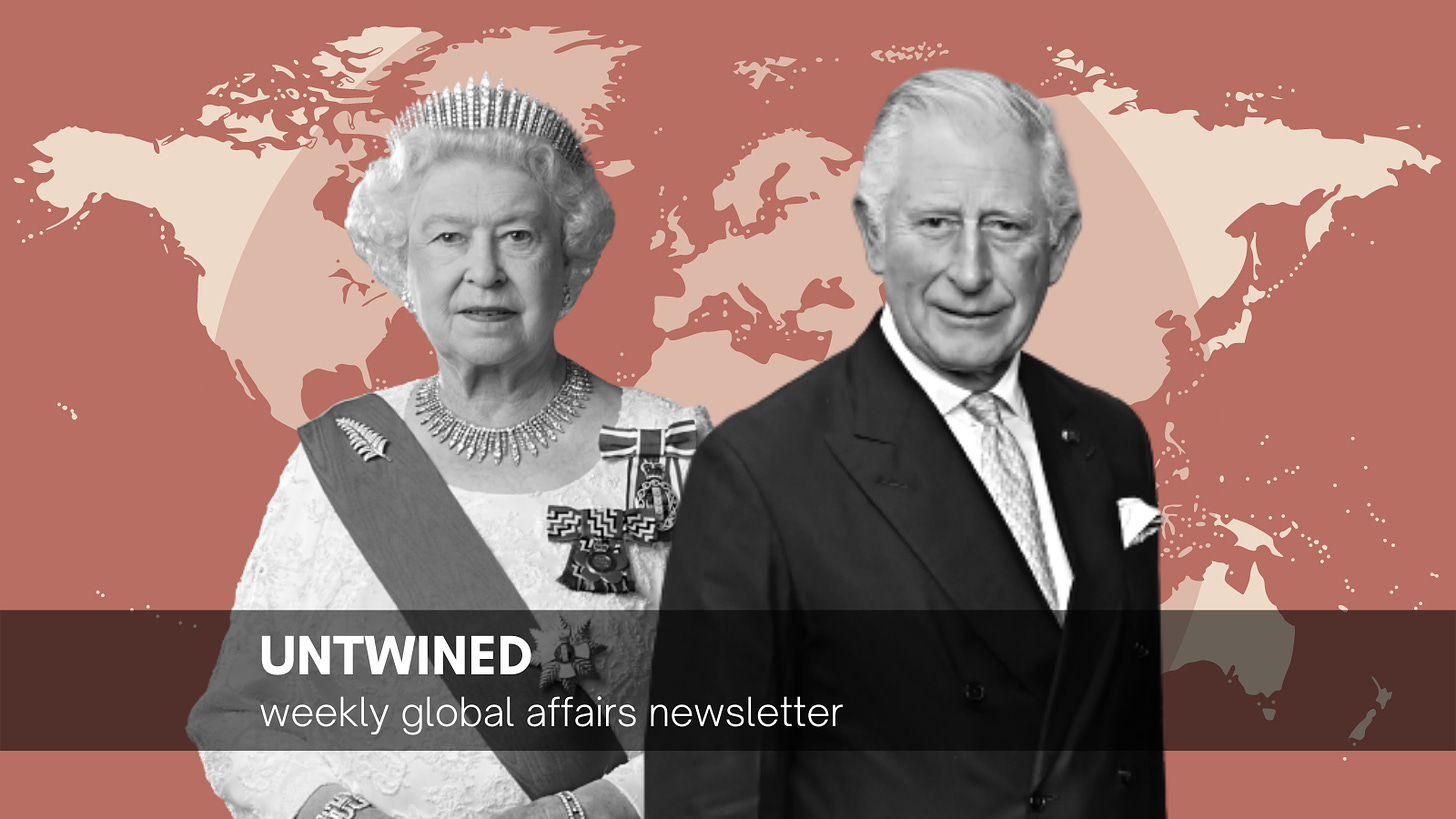 Queen Elizabeth II and King Charles III (Original images: Photograph taken by Julian Calder for Governor-General of New Zealand; José Dias/PR for Palácio do Planalto; modified for collage).