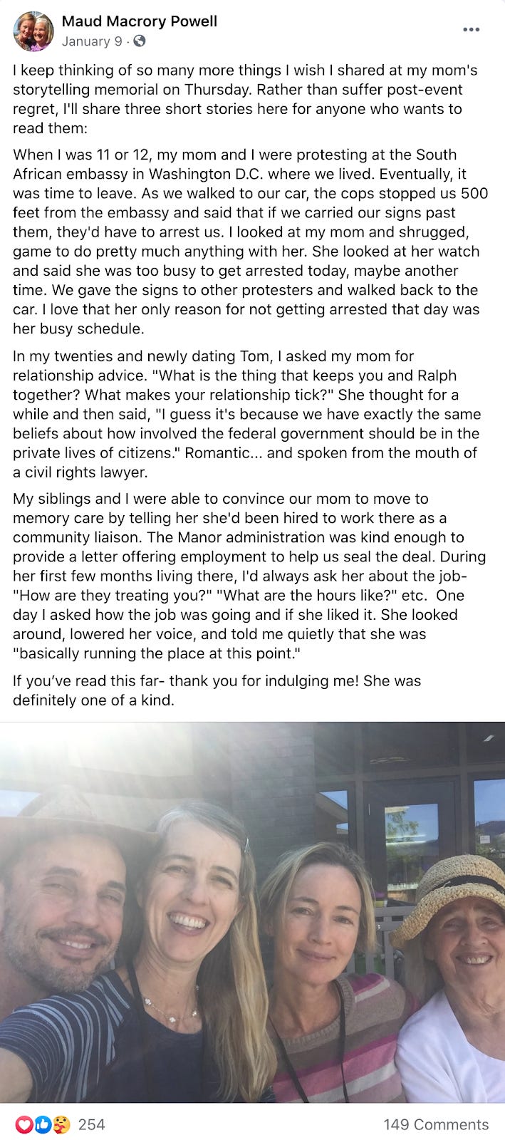 A screenshot of a Facebook post with several stories about Maud's mother, including one where she shares that she's "basically running the place" at her memory care facility, now.