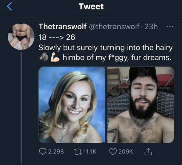 May be a Twitter screenshot of 3 people, beard and text that says 'Tweet Thetranswolf @thetranswolf 23h 18---> 18 26 Slowly out surely turnino into the hairy himbo of my f*ggy, fur dreams. 2.298↑11,1K 2.298 209K'