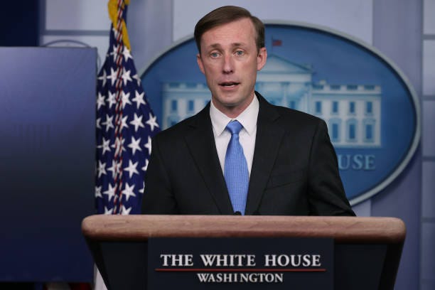 White House Press National Security Advisor Jake Sullivan talks to reporters during the daily press conference in the Brady Press Briefing Room at...