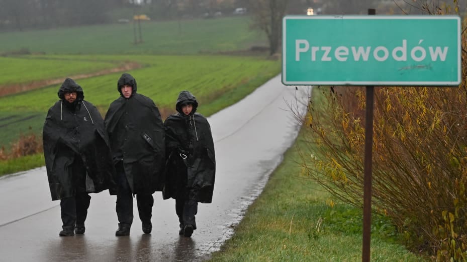 Members of the police searching the fields near the village of Przewodow in Poland on November 16, 2022. Two people were killed on Tuesday in an explosion at a farm near the village in south-eastern Poland that lies about six kilometers inside the country's border with Ukraine.