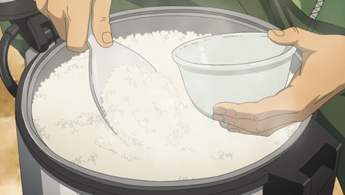 anime gif of hands retrieving rice from a rice cooker