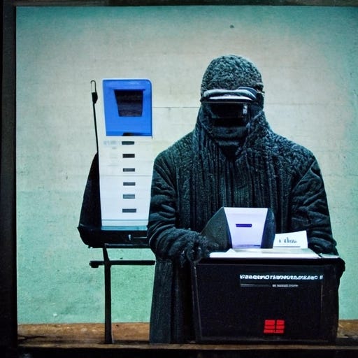 AI image of a man in a ski mask fiddling with a voting machine