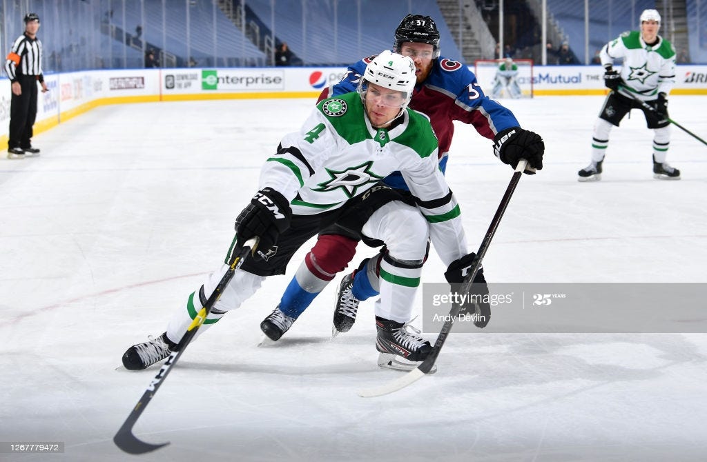 Miro Heiskanen of the Dallas Stars and J.T. Compher of the Colorado... News  Photo - Getty Images