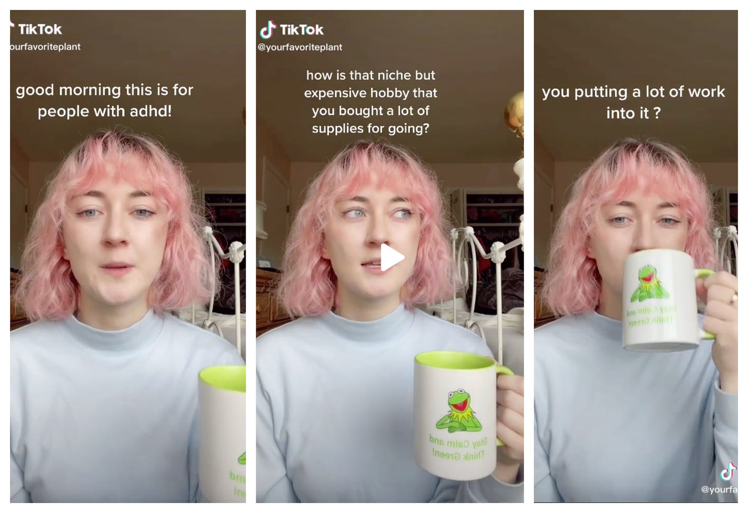 Young woman with pink hair in three photo panels. Text: Good morning this is for people with adhd! How is that niche but expensive hobby that you bought a lot of supplies for going? Putting a lot of work into it?