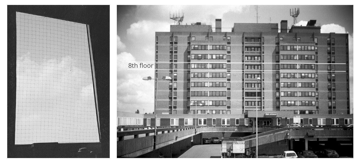 Sebald’s photo of his hospital window (left); the Main Block building of the Norfolk & Norwich Hospital before 2003 (source: Google images).