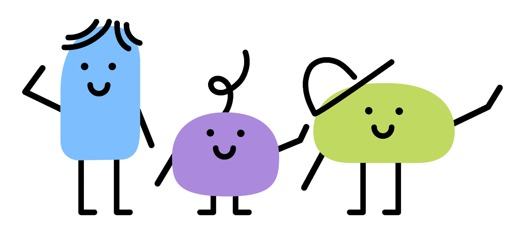 three animated characters waving. One blue, purple, and green. These are Lil Nipper's brand characters.