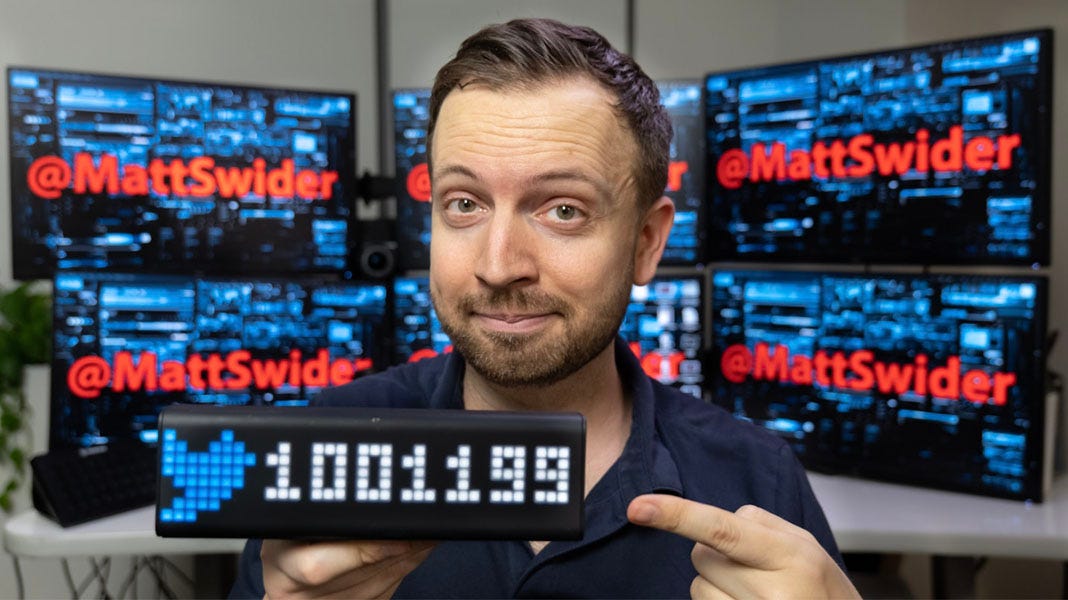 Tech journalist and expert Matt Swider reaching one million Twitter followers in front of a multi-monitor setup