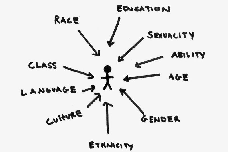 Drawing of a stick figure with various arrows pointing toward it. Arrows read "race, education, ability, age, gender, ethnicity, culture, language, class."