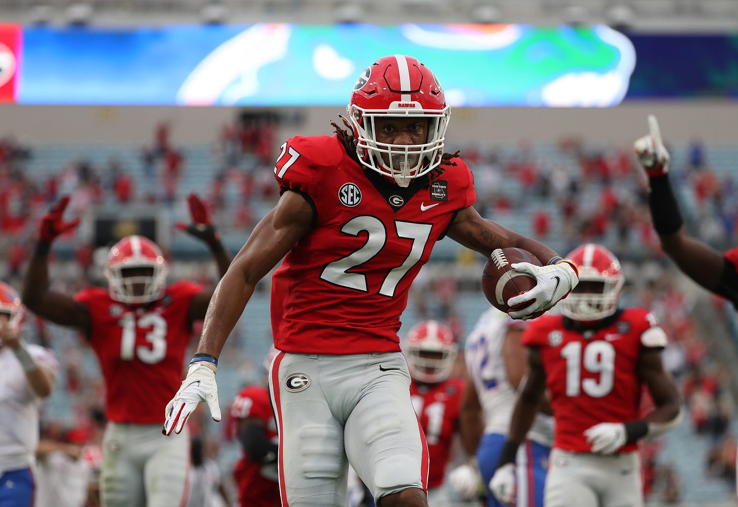 Georgia defensive back Eric Stokes (27) during the Bulldogs' game with Florida in Jacksonville, Fla., on Saturday, Nov. 7, 2020. (Photo by Piper Hansen)