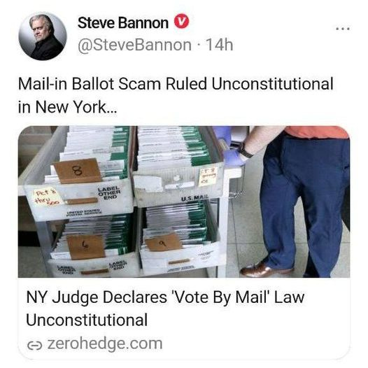 May be an image of 2 people and text that says 'Steve Bannon @SteveBannon 14h Mail-in Ballot Scam Ruled Unconstitutional in New York... Pct thrupp NY Judge Declares 'Vote By Mail' Law Unconstitutional ૯ zerohedge.com'