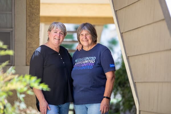 Joey Boyd-Scott, left, and her wife, Maria, both have part-time travel jobs. The ongoing labor shortage is pushing the sector to consider senior citizens for positions that are far from senior.