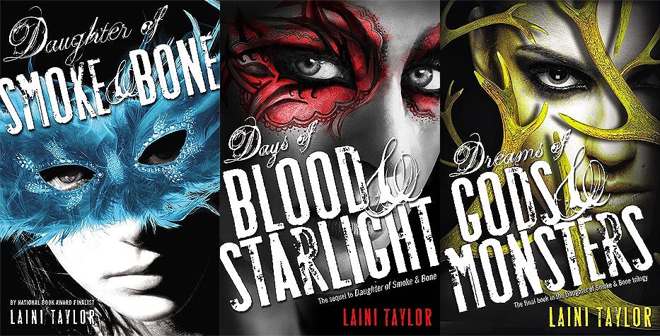Three book covers: The Daughter of Smoke & Bone, Days of Blood & Starlight, and Dreams of Gods & Monester, by author Laini Taylor. 