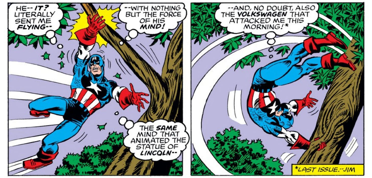 Two panels from this issue where Captain America is in the middle of a fight but still has time to provide some exposition via thought bubbles