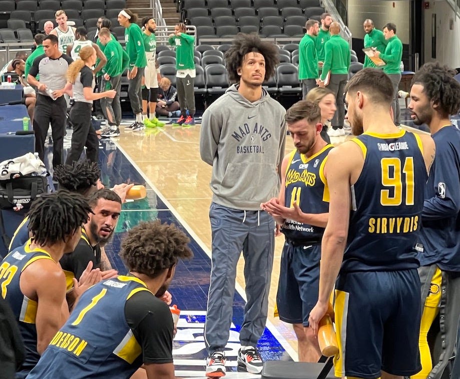 Kendall Brown was with the Mad Ants but not in uniform Tuesday for their home game against the Maine Celtics.