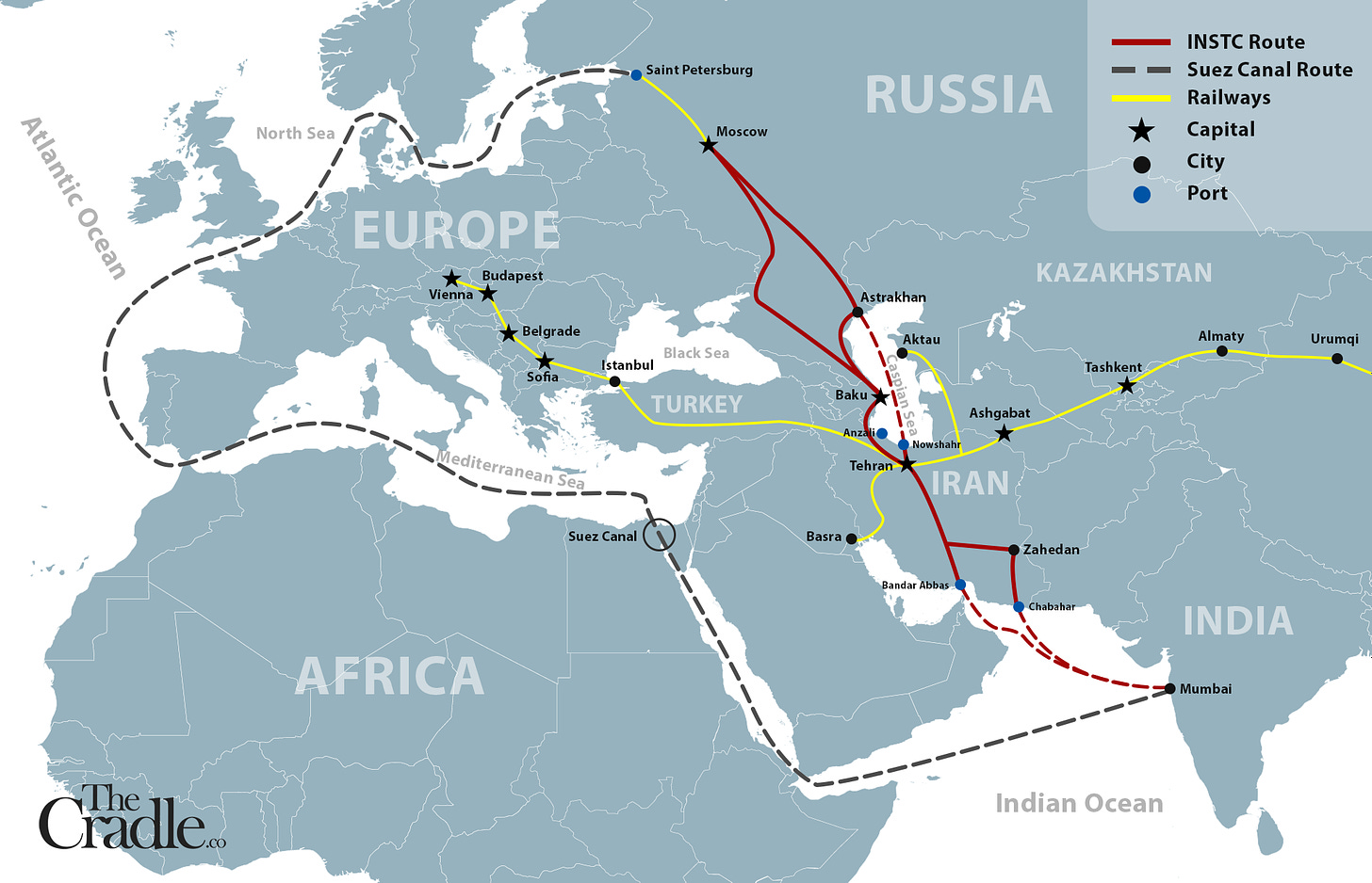 Map of the International North South Transport Corridor (INSTC), linking Russia, Iran, India