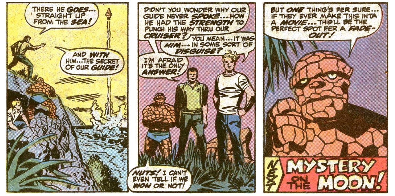 The last three panels from this issue, showing the monster escaping in his rocket ship and the Thing commenting that if it was a movie, this would be a good place to fade out