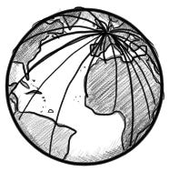 drawing of globe with arcs representing flight routes arcing out across the world