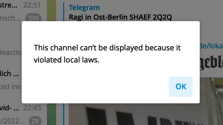 Screenshot des Telegram-Desktop Client mit der Fehlermeldung, dass der Kanal nicht angezeigt werden kann weil er gegen lokale Gesetze verstößt.