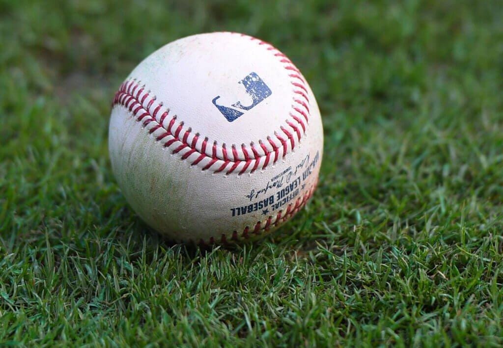 Sep 16, 2017; Atlanta, GA, USA; A close up view of an MLB baseball on the grass prior to a game at SunTrust Park. Mandatory Credit: Adam Hagy-USA TODAY Sports