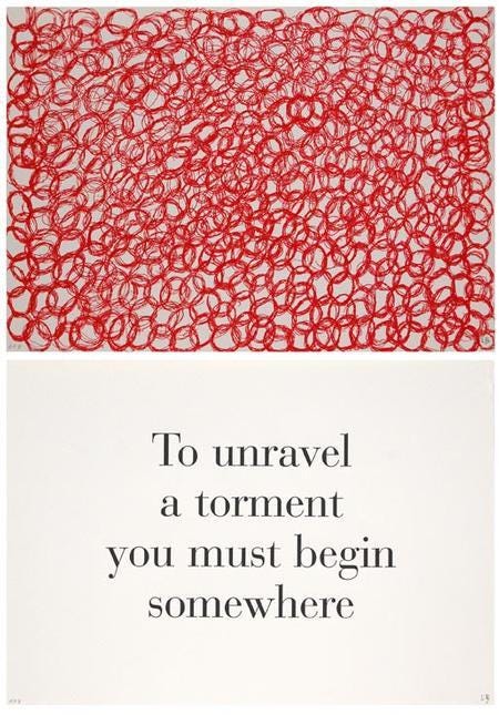 inthemoodtodissolveinthesky:
“ Louise Bourgeois, To Unravel a Torment You Must Begin Somewhere, no. 8 of 9, from the series What is the Shape of this Problem?, 1999
”