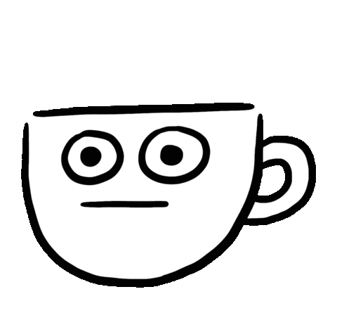 Animated image featuring a black and white illustrated coffee mug with an unimpressed facial expression.