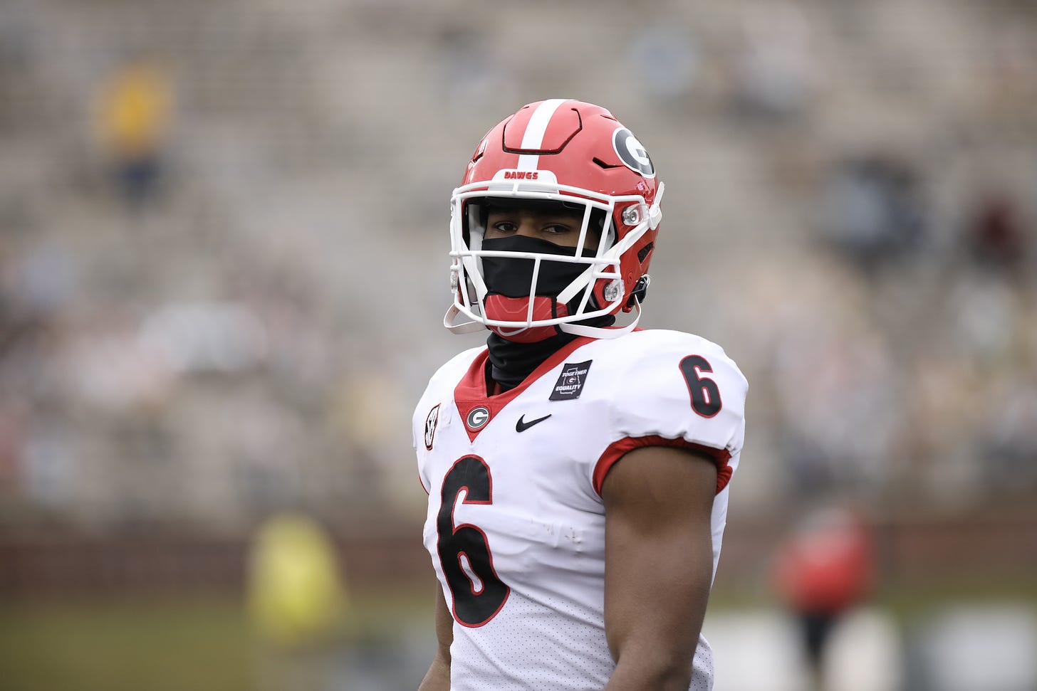 Georgia running back Kenny McIntosh (6) before the Bulldogs’ game against Missouri in Columbia, Mo., on Saturday, Dec. 12, 2020. (Photo by Cassie Florido)