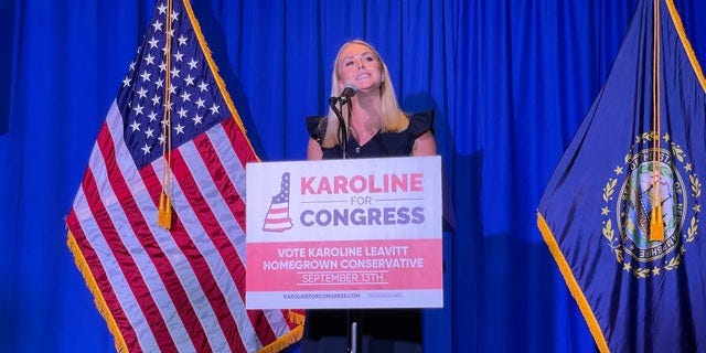 Republican congressional candidate Karoline Leavitt delivers a primary victory speech, on Sept. 13, 2022, in Hampton, New Hampshire.