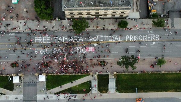 Free Tamara. Free Pat. Political Prisoners. In front of Canada's Parliament Hill on Canada Day, July 1, 2022. 