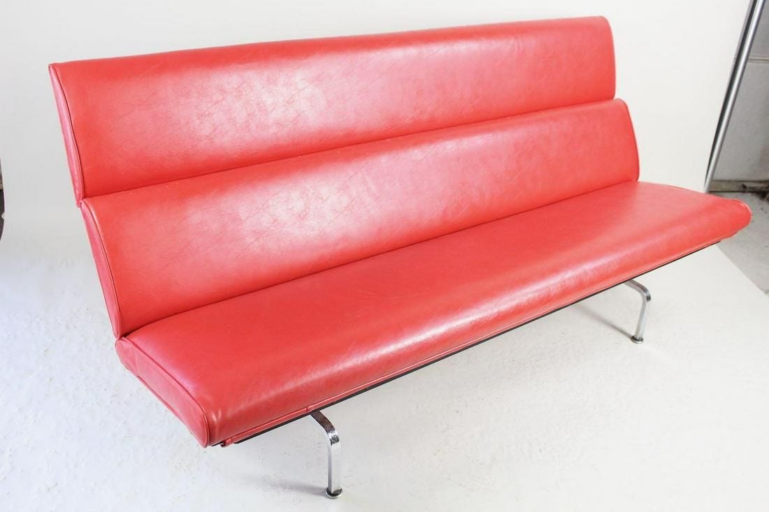 Mid Century Modern Eames Style Red Leather Compact Sofa