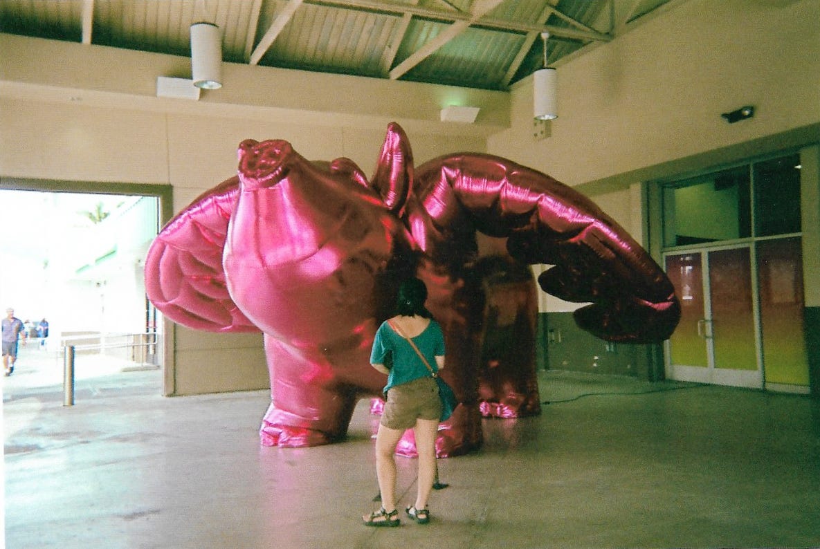 Erica stands in front of large balloon of a metallic pink pig with wings