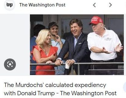 May be a Twitter screenshot of 4 people and text that says 'tp The Washington Post C. The Murdochs' calculated expediency with Donald Trump The Washington Post'
