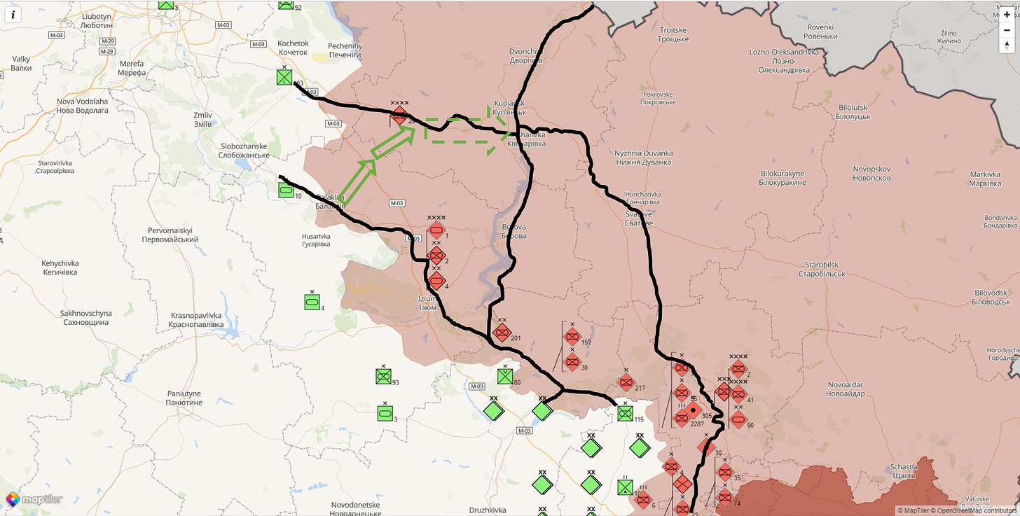 Map of North Eastern Ukraine. The town of Kupyansk sits at the center of a web of rail networks which feed the Russian forces marked on the map; a single line runs from Kupyansk to the Russian border. It is the bottleneck of all rail traffic in Eastern Ukraine.