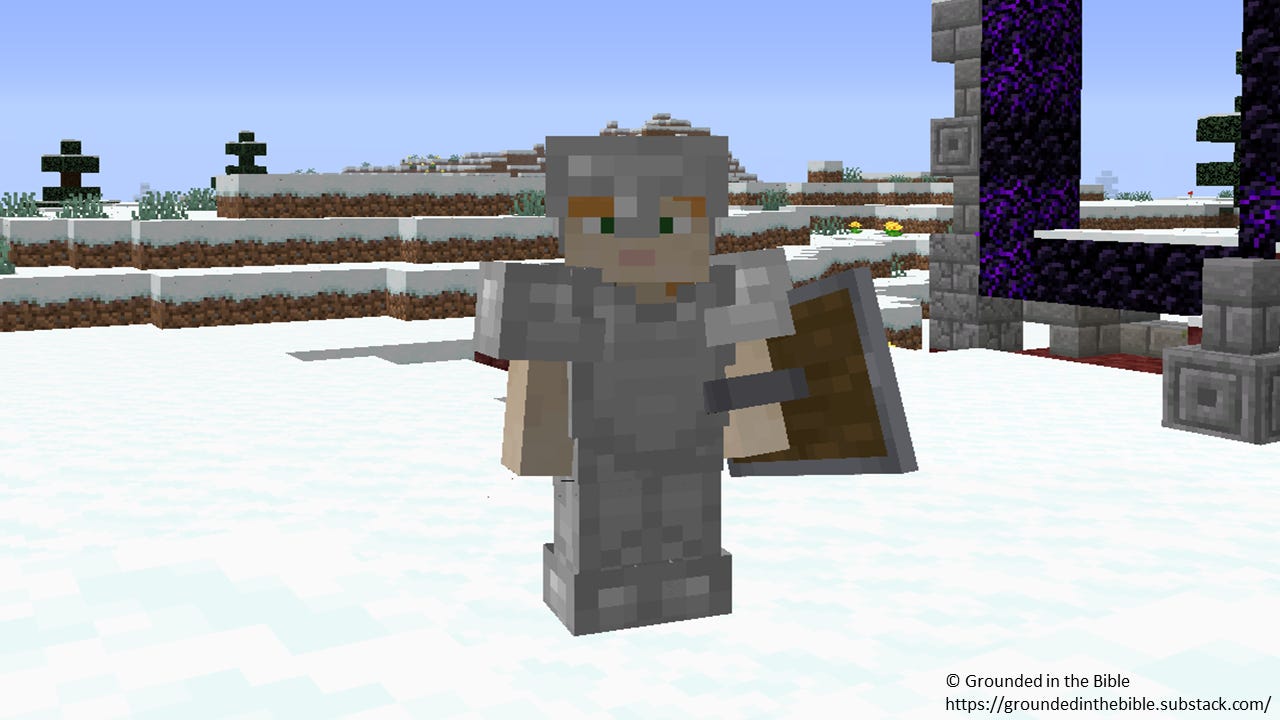 A Minecraft character stands on snowy ground overlooking a broken nether portal. He is wearing armor that includes a chestpiece, leggings, a helmet, and boots. He carries a shield.
