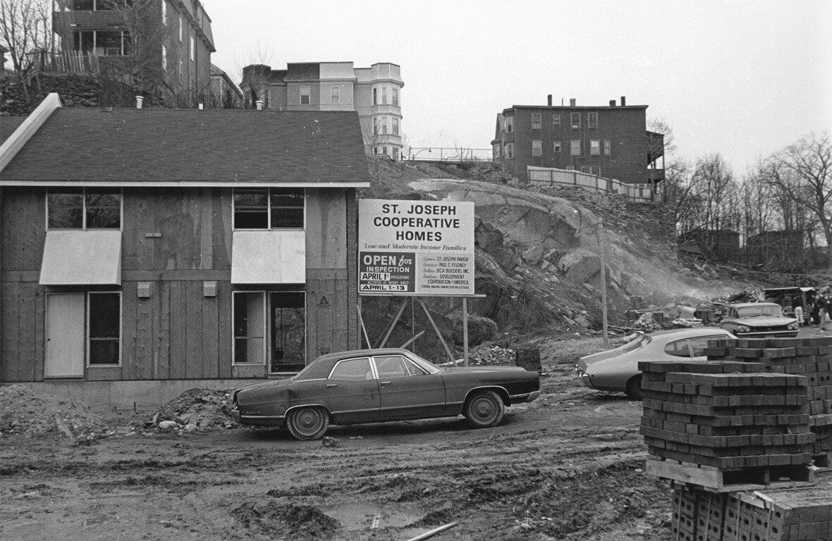 Figure 2. St. Joseph Cooperative Homes under construction in 1967 at Circuit and Washington Streets in Roxbury, Boston. The project was part of the work of Freedom House, an organization founded in 1949 by African American social workers Otto P. and Muriel S. Snowden. The development was co-sponsored by the Catholic Archdiocese and designed by Paul G. Feloney. Photograph by Pierce Permain. Courtesy of Freedom House, Inc. collection, at Northeastern University Archives and Special Collections.