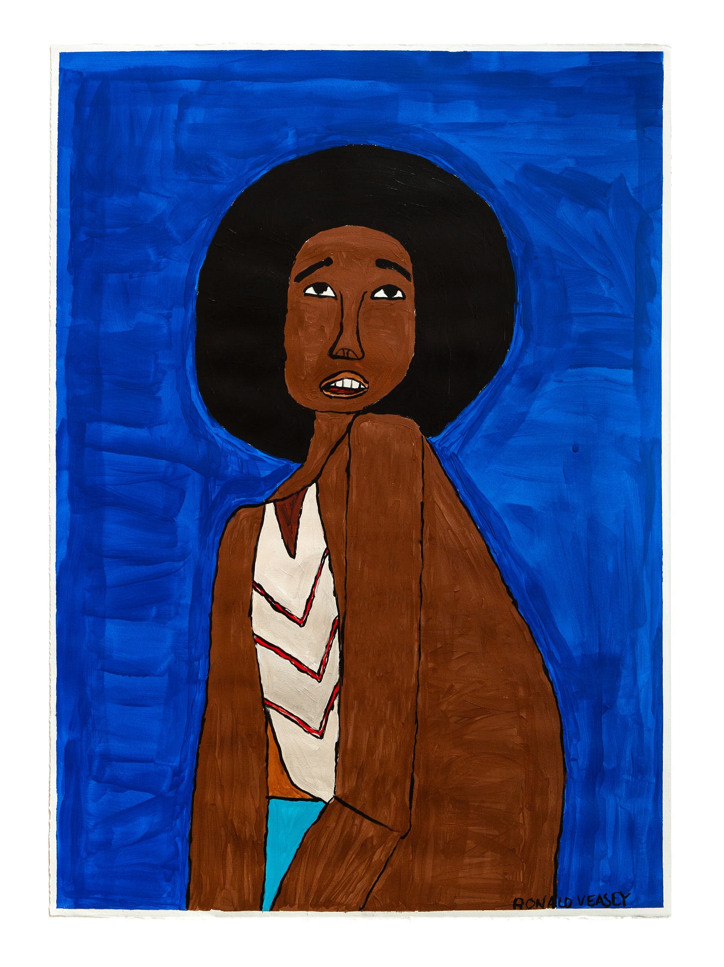 Ron Veasey, Untitled (RVe 298), 2021, 30.25x44 inches, acrylic on paperA portrait of a Black woman with an afro and a striped shirt, slightly hunched over as she gazes upward. The background is a wash of royal blue.