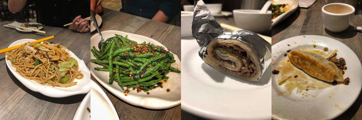 Four photos taken at Northern Dumpling Kitchen. The first shows a plate of Shanghai noodles. The second is a plate of green beans, dry-fried with ground pork and sichuan peppercorns. The third is beef wrapped in an onion pancake, the wrapped in foil and cut into sections. The fourth shows a fried dumpling on a plate that is messy with sauce. 