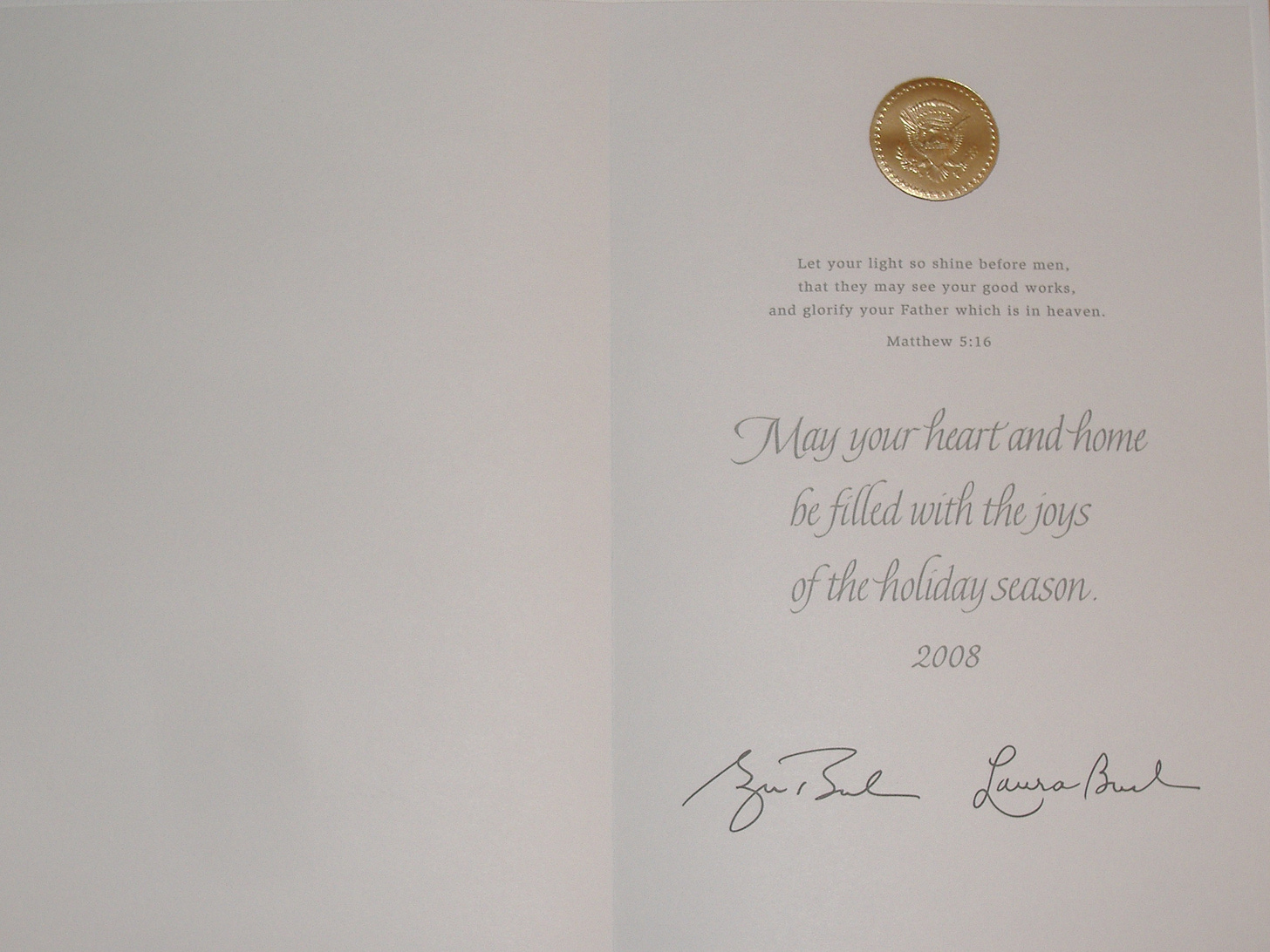 The inside of this year's White House Christmas, once again with a Scripture verse.