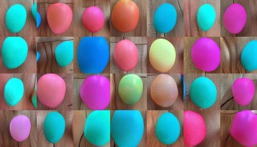 A grid of easter eggs - they are colorful and vaguely egg-shaped, but their proportions are a little bit off, and their edges are a bit wobbly.
