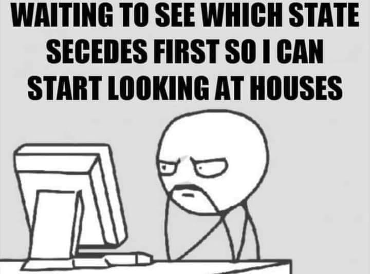 May be a meme of text that says 'WAITING TO SEE WHICH STATE SECEDES FIRST SO I CAN START LOOKING AT HOUSES'
