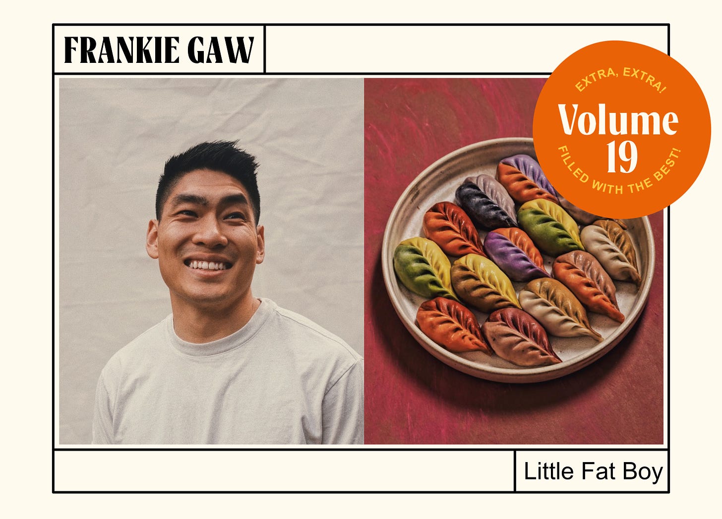 Frankie Gaw next to a photo of two-toned dumplings