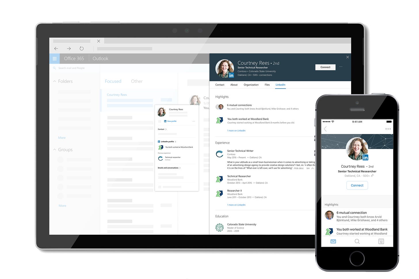 LinkedIn profiles appear in Microsoft apps and services. This experience provides rich insights about the people you’re working with—inside and outside your organization—right from within Microsoft 365.